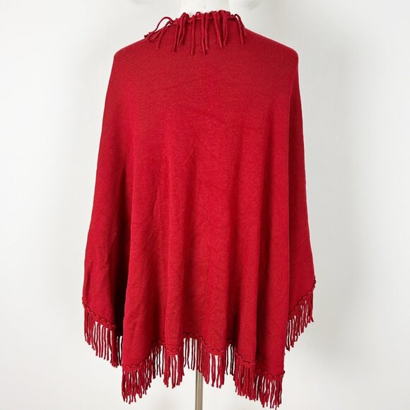 Coldwater Creek Red Fringe Sweater Cape Shawl Poncho Wrap One Size Women's - Picture 4 of 5
